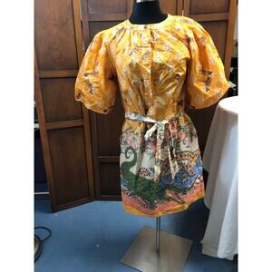 A loves A Yellow Floral Puff-Sleeve Midi Dress with Printed Skirt